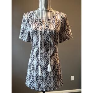 Boho Tribal Tunic Top Lace Up Tassel Neutral Festival Top Short Sleeve Medium